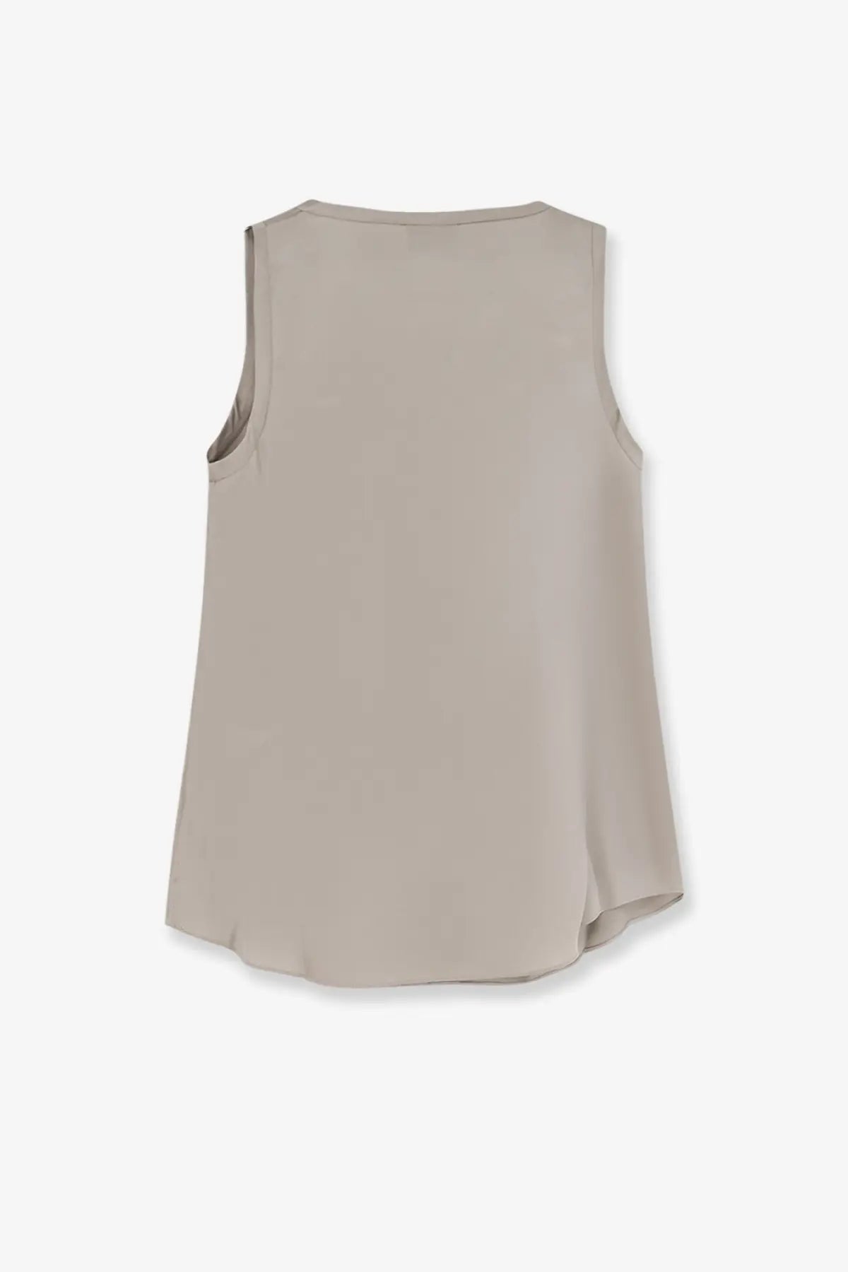 Brunello Cucinelli women’s sleeveless stretch silk top in light beige with soft flowing fabric and curved hemline
