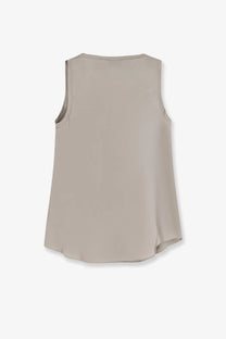 Brunello Cucinelli women’s sleeveless stretch silk top in light beige with soft flowing fabric and curved hemline