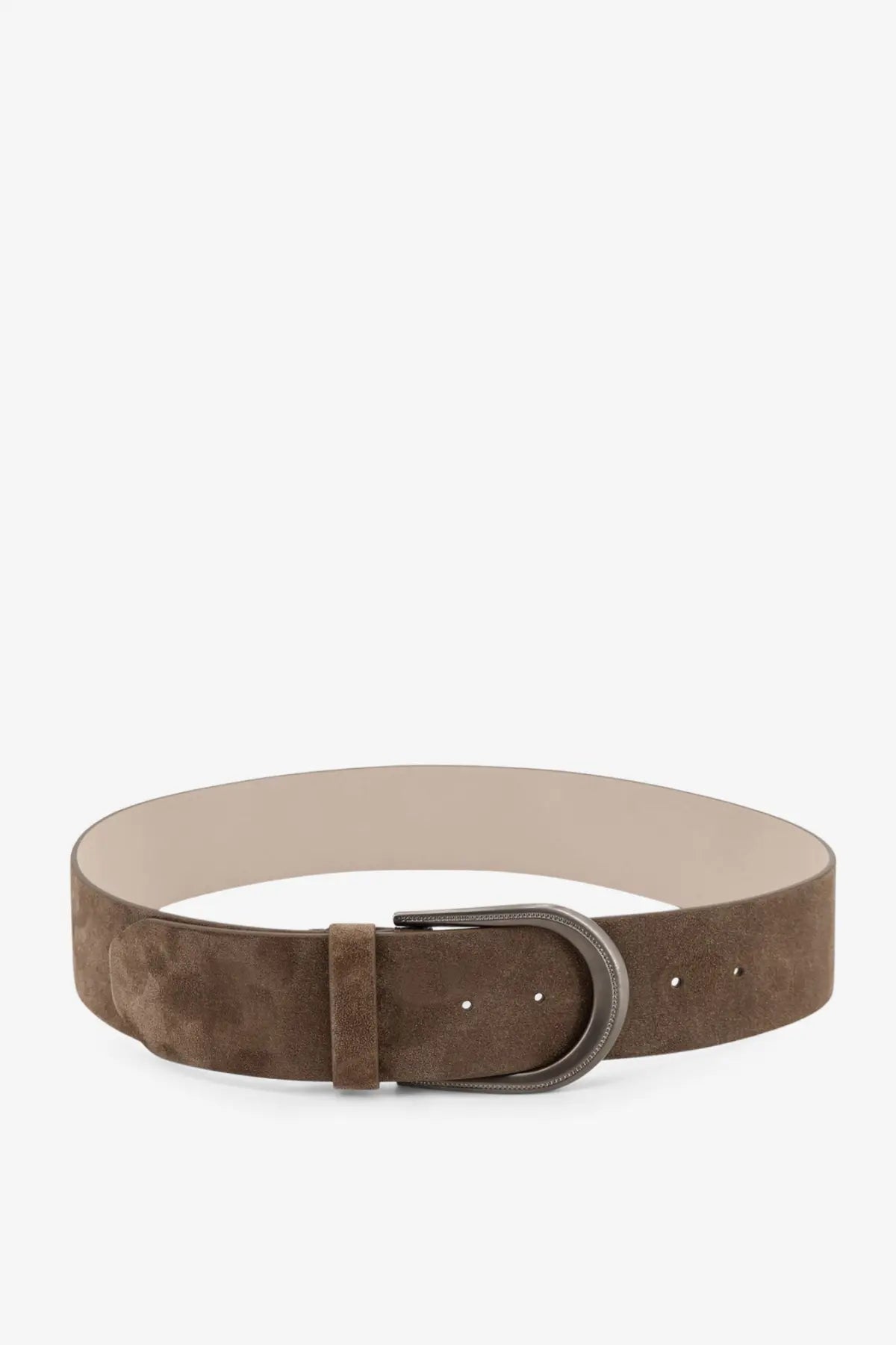 Brunello Cucinelli women’s brown suede belt with a gold matte-finished metal buckle
