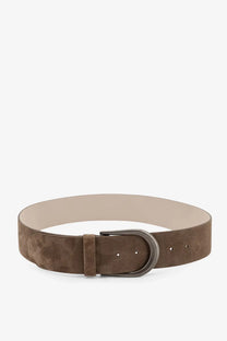Brunello Cucinelli women’s brown suede belt with a gold matte-finished metal buckle