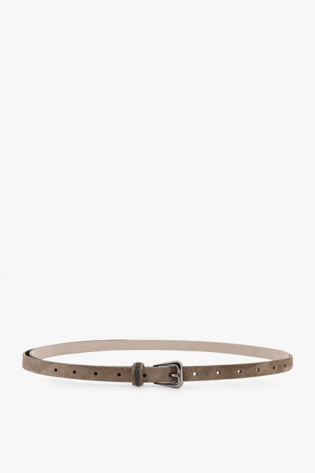 Brunello Cucinelli women’s taupe suede belt with matte silver buckle and subtle perforations along the strap
