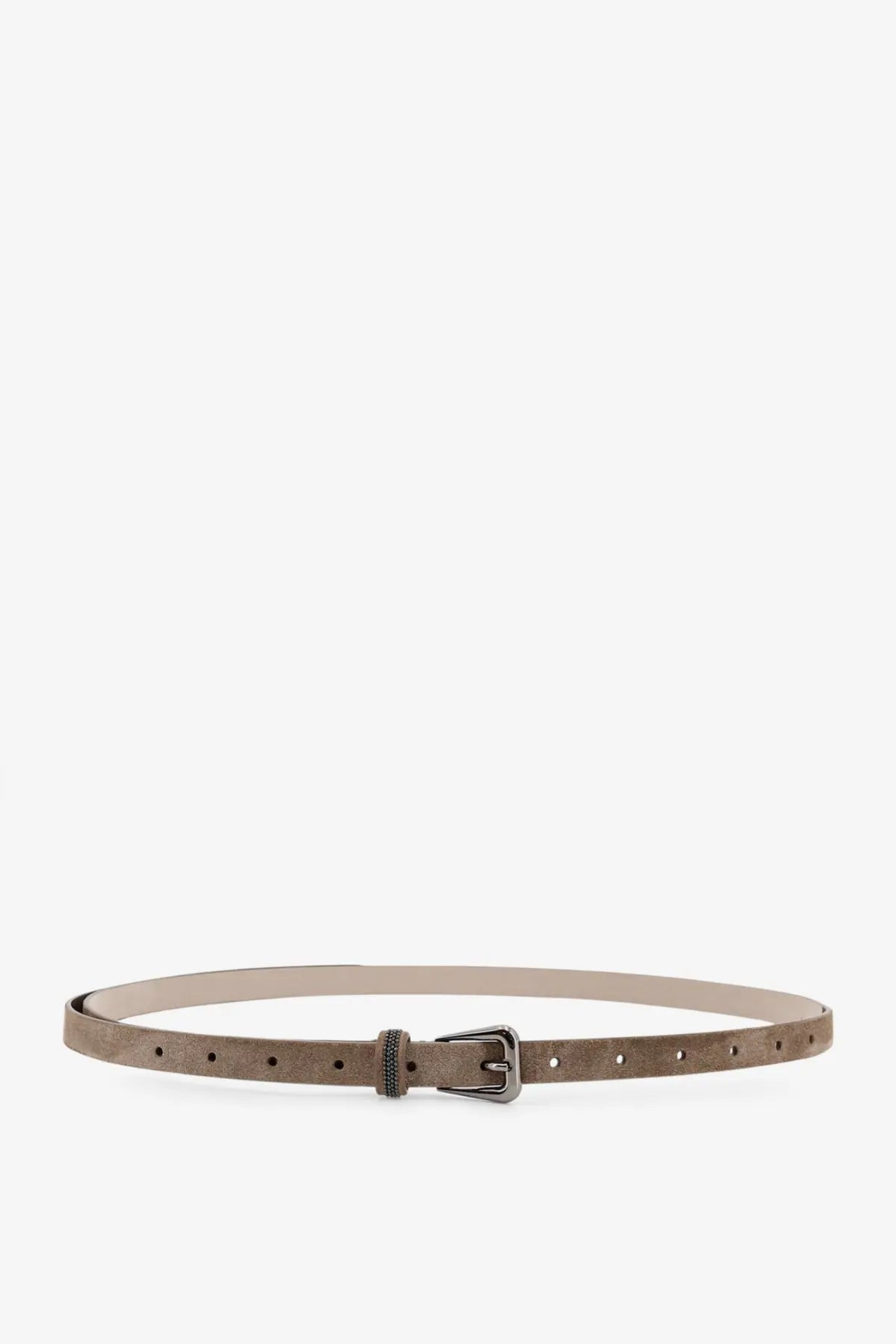Brunello Cucinelli women’s taupe suede belt with matte silver buckle and subtle perforations along the strap