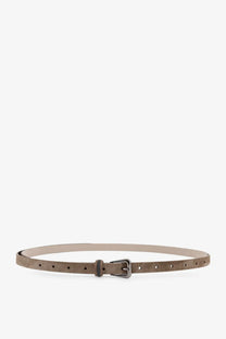 Brunello Cucinelli women’s taupe suede belt with matte silver buckle and subtle perforations along the strap