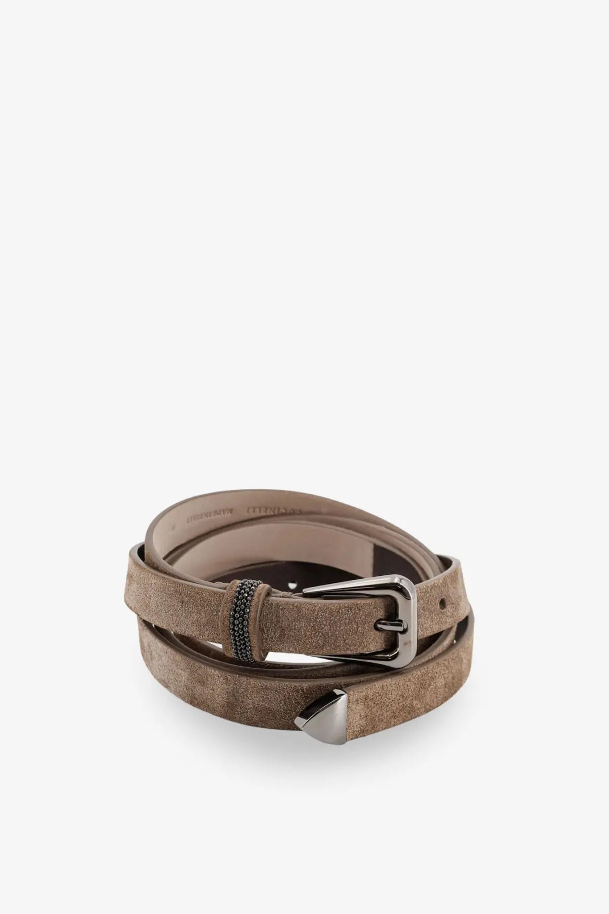 Brunello Cucinelli women’s taupe suede belt with silver-toned buckle and decorative beaded accent