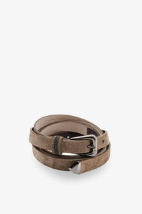 Brunello Cucinelli women’s taupe suede belt with silver-toned buckle and decorative beaded accent