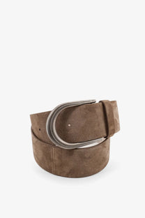 Brunello Cucinelli women’s taupe suede belt with silver-toned buckle and subtle beaded edge detail