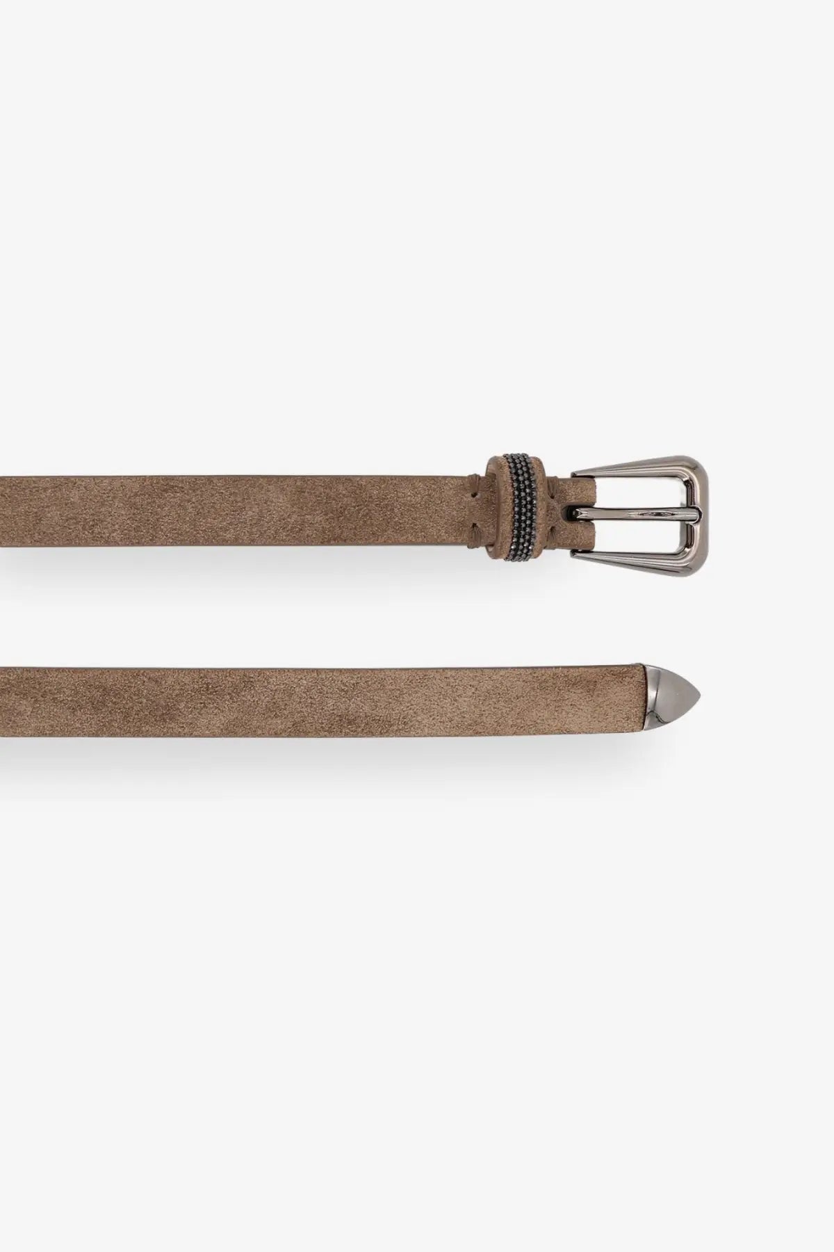 Brunello Cucinelli women’s taupe suede belt with silver-toned buckle and decorative beaded detail on strap