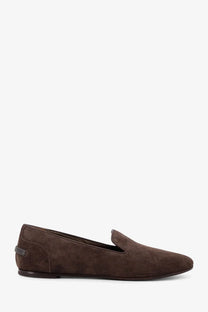 Brunello cucinelli women’s brown suede loafers with subtle texture and small metallic heel embellishment back view