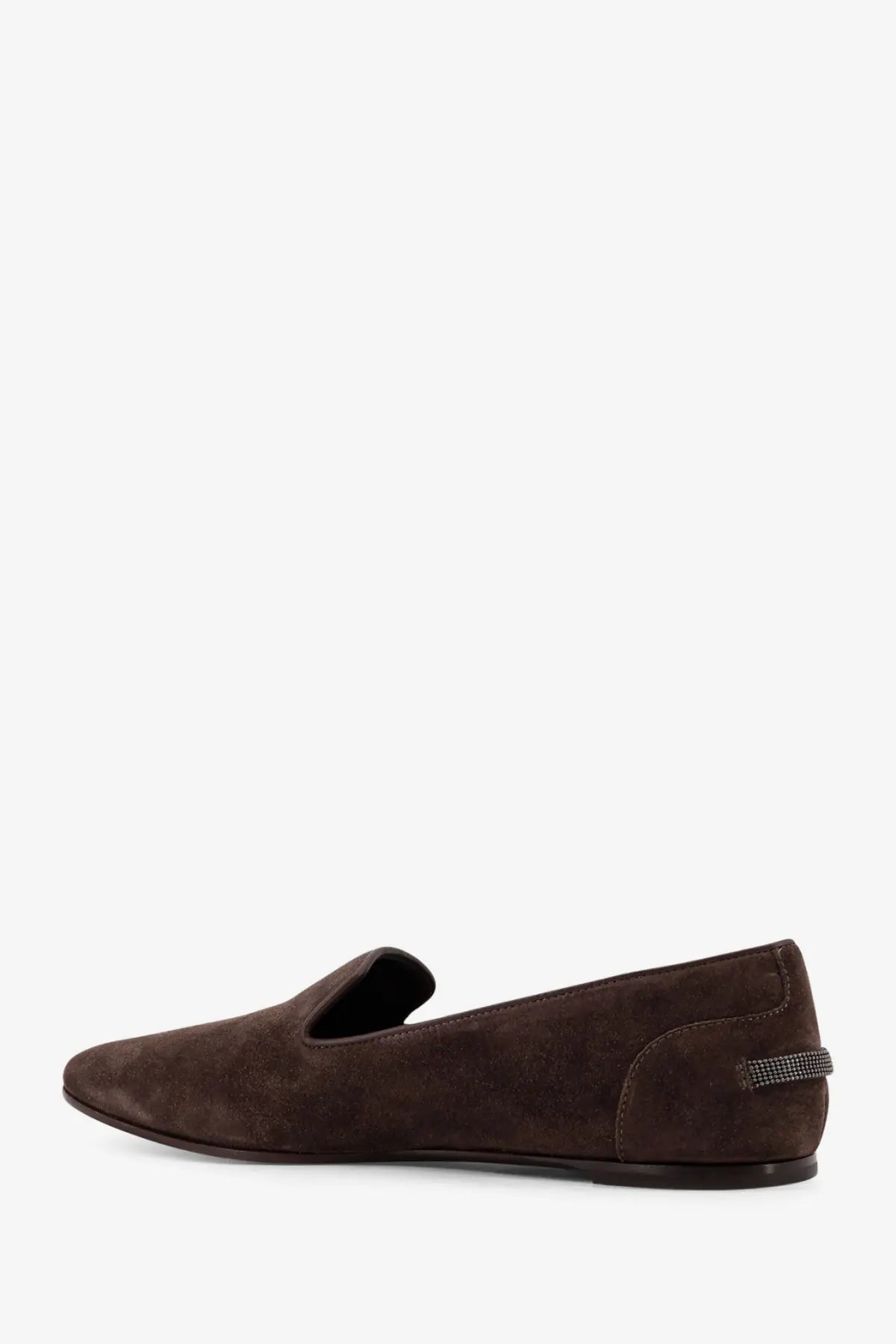 Brunello Cucinelli women’s brown suede loafers with subtle textured finish and silver toned heel embellishment back view