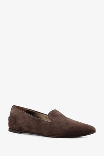 Brunello Cucinelli women’s brown suede slip-on loafers with pointed toe and low-profile sole