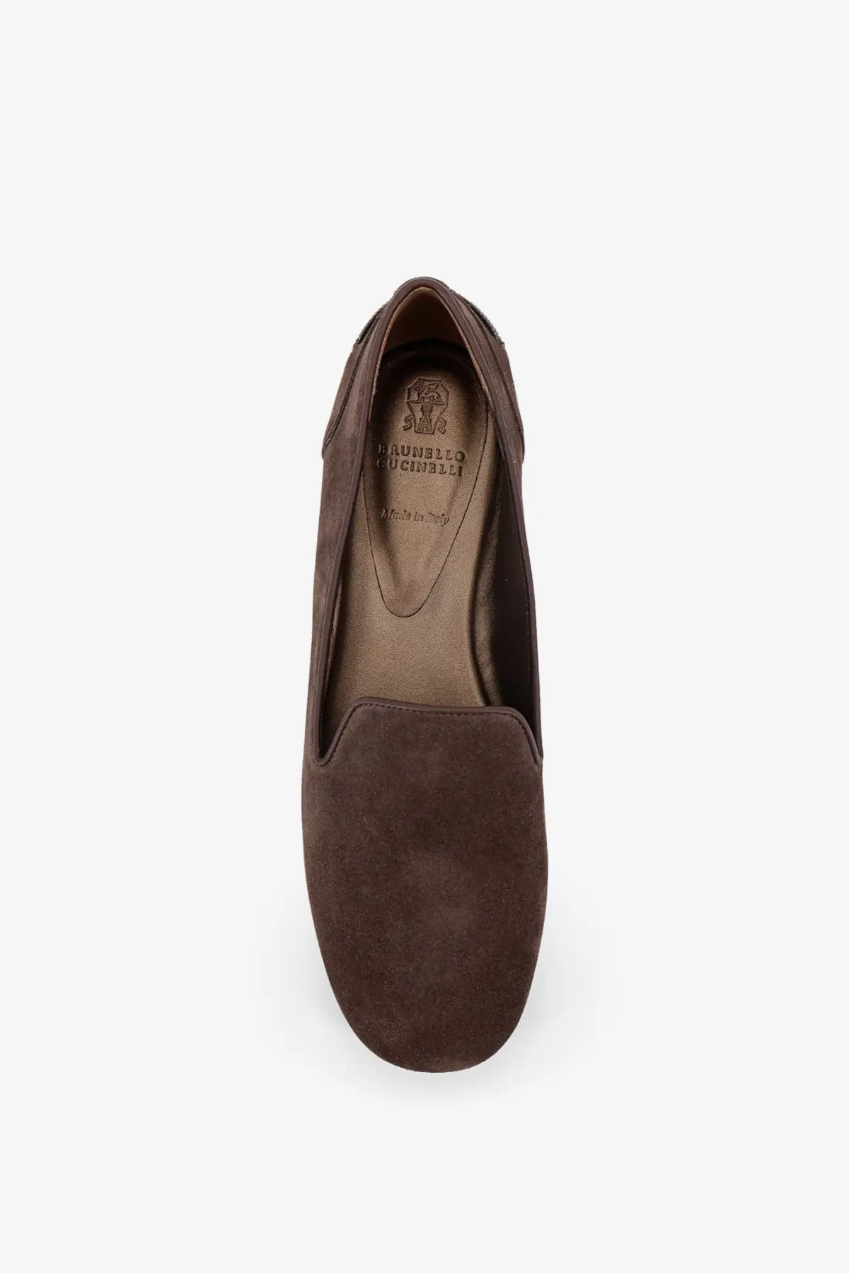 Brunello Cucinelli women’s brown suede loafers with low heel and minimalist slip-on design