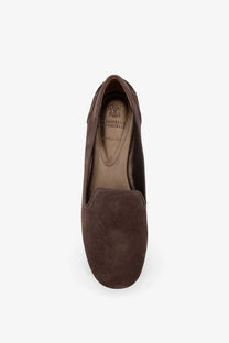 Brunello Cucinelli women’s brown suede loafers with low heel and minimalist slip-on design