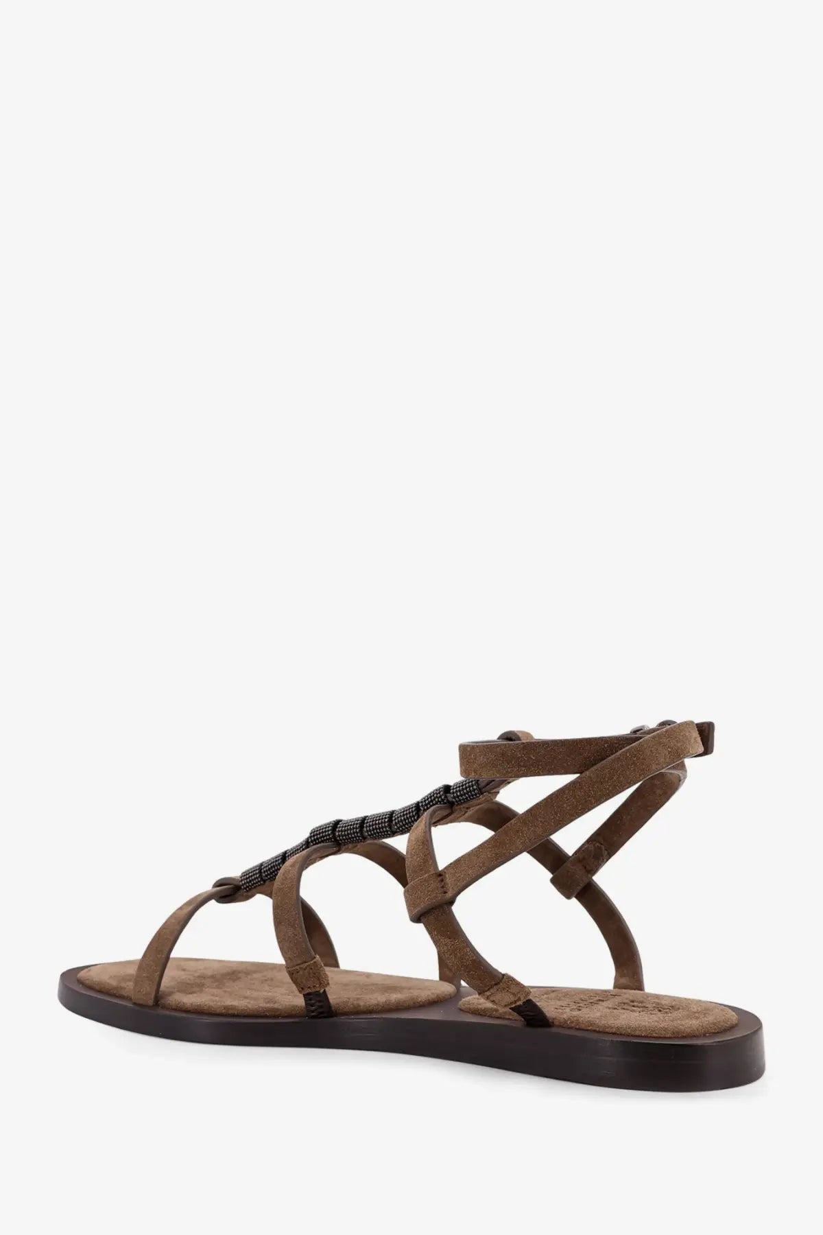 Brunello Cucinelli women’s beige suede strappy sandal with decorative beaded accent across the foot strap