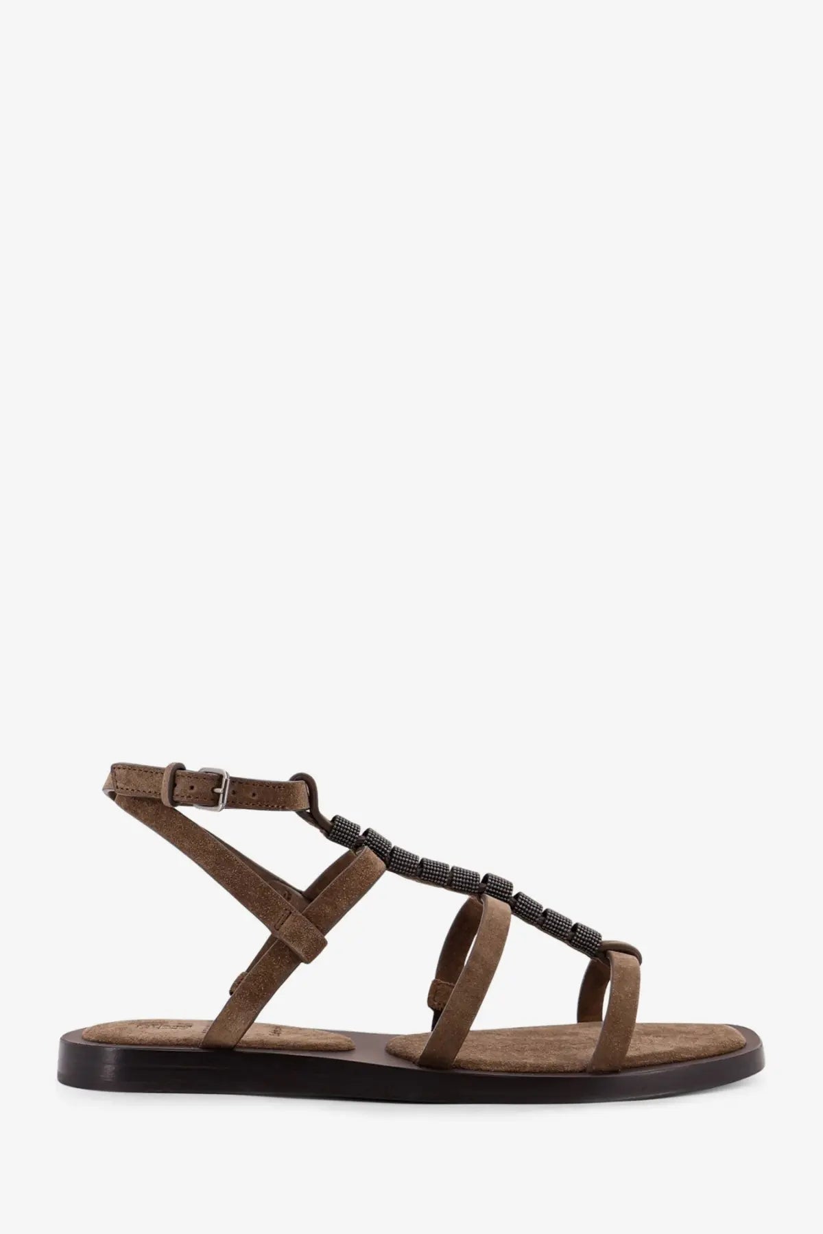 Brunello Cucinelli women’s beige suede sandals with brown straps and black beaded accent on foot strap