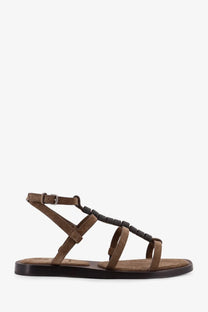 Brunello Cucinelli women’s beige suede sandals with brown straps and black beaded accent on foot strap