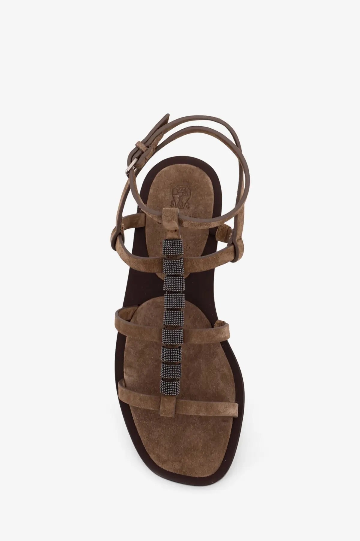 Brunello Cucinelli women’s beige suede sandals with brown suede strappy and beaded t-strap detail