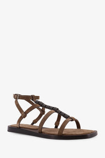 Brunello Cucinelli women’s beige suede sandals with brown strappy design and beaded accent across the foot