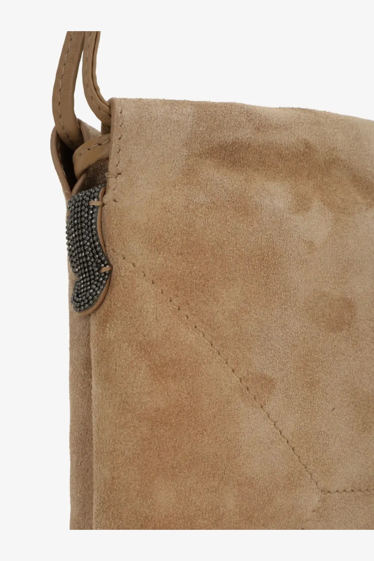 Brunello Cucinelli women’s beige suede shoulder bag with tan leather and dark gray beaded decorative clasp