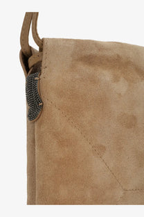 Brunello Cucinelli women’s beige suede shoulder bag with tan leather and dark gray beaded decorative clasp