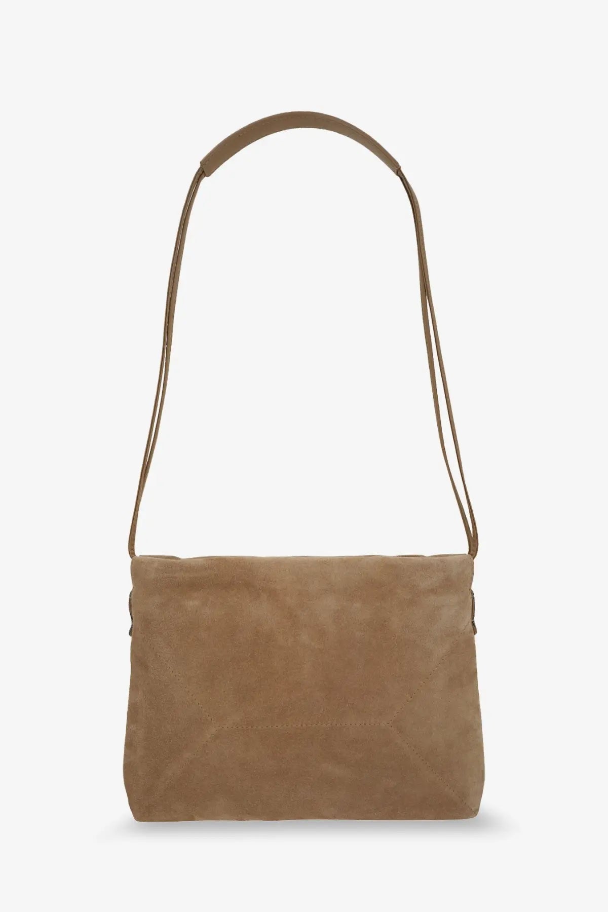 Brunello Cucinelli women’s tan suede shoulder bag with a long matching strap perfect for everyday use