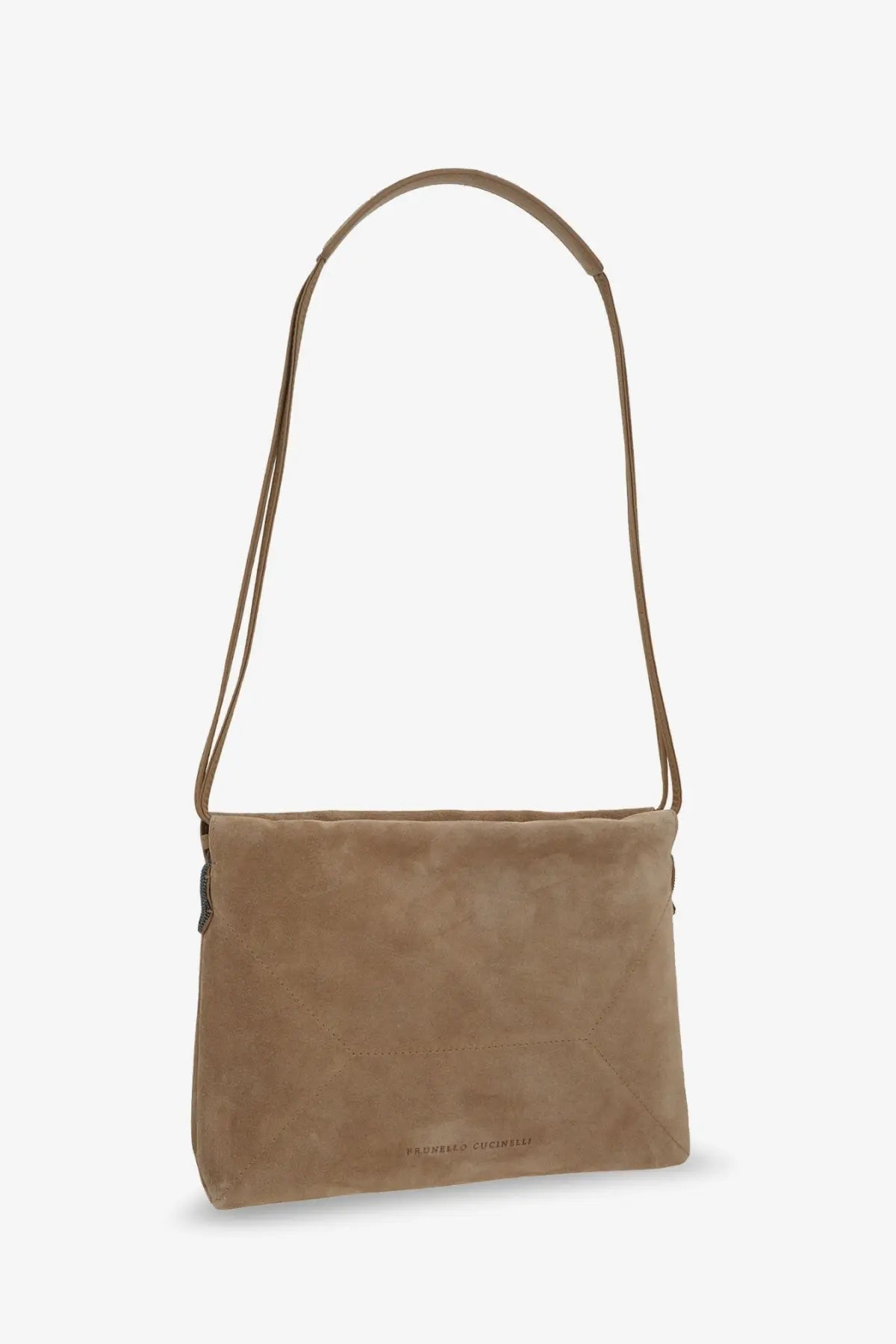 Brunello Cucinelli women’s beige suede shoulder bag with slender matching strap and subtle stitching details