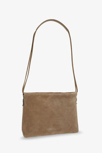 Brunello Cucinelli women’s beige suede shoulder bag with slender matching strap and subtle stitching details