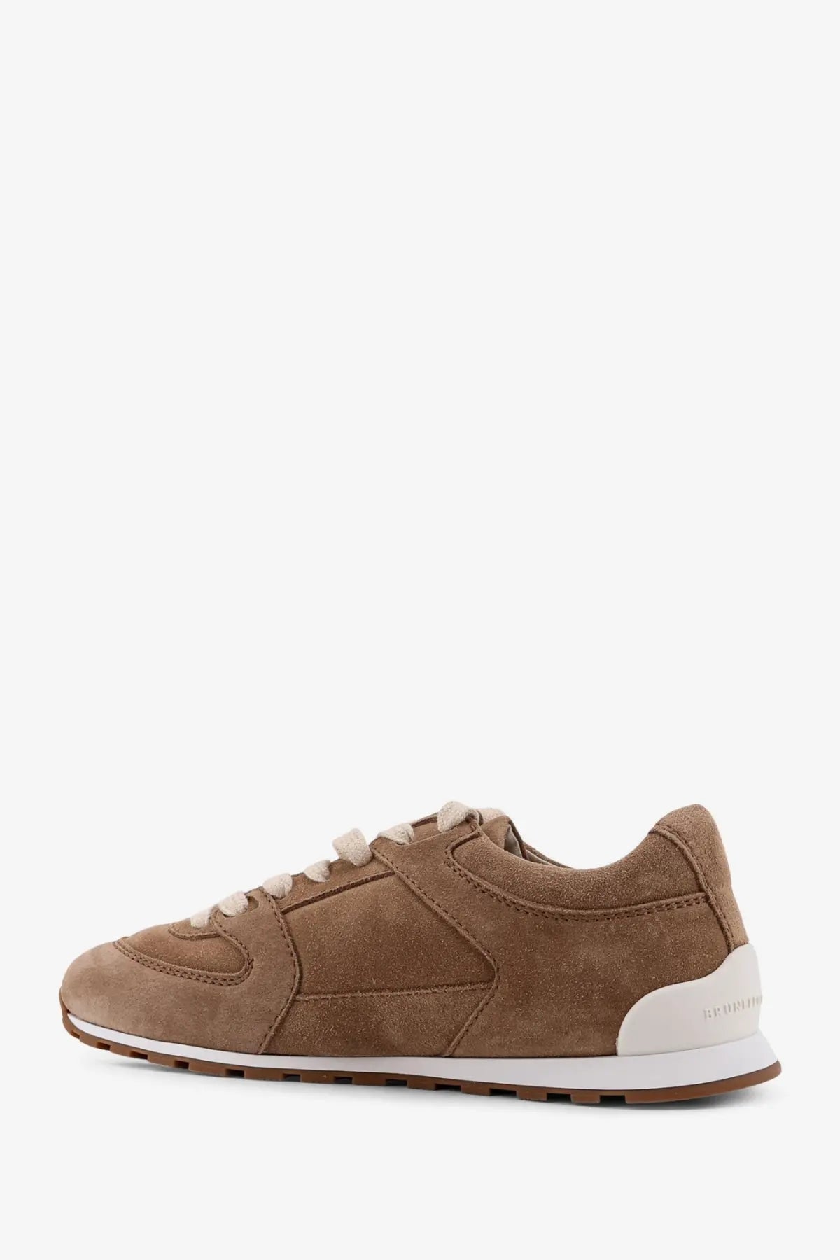 Brunello Cucinelli women’s antelope suede sneakers in brown with white rubber sole and matching laces