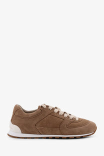 Brunello Cucinelli women’s tan suede sneakers with cream laces and white rubber sole from the antelope collection