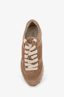 Brunello Cucinelli women’s tan suede sneakers with cream-colored laces and subtle insole logo antelope model