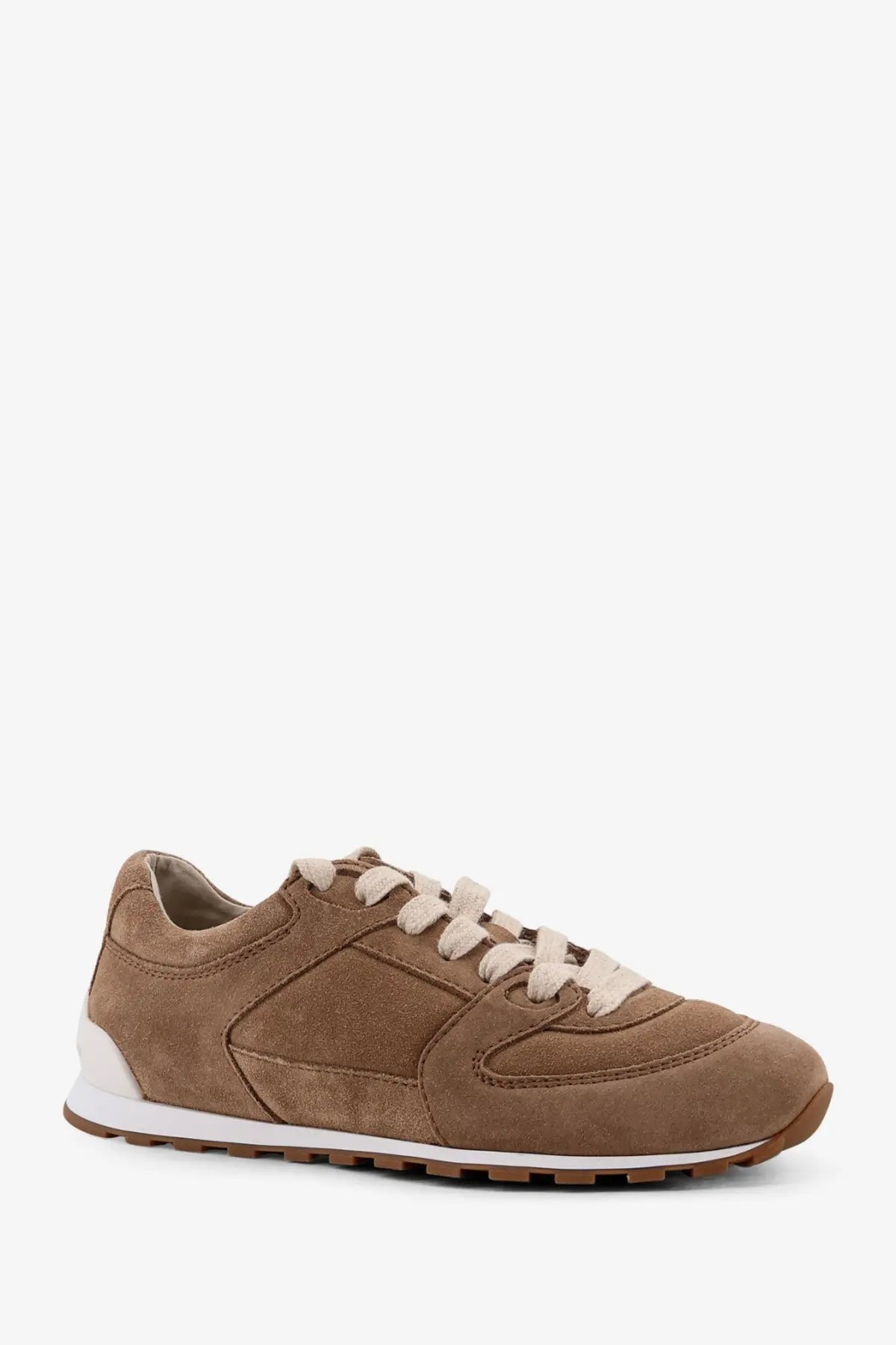 Brunello cucinelli women’s suede sneakers in tan with cream laces and white midsole in antelope color
