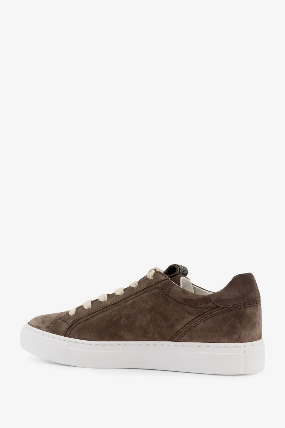 Brunello Cucinelli women’s beige low-top sneakers in brown suede with white laces and thick white rubber sole