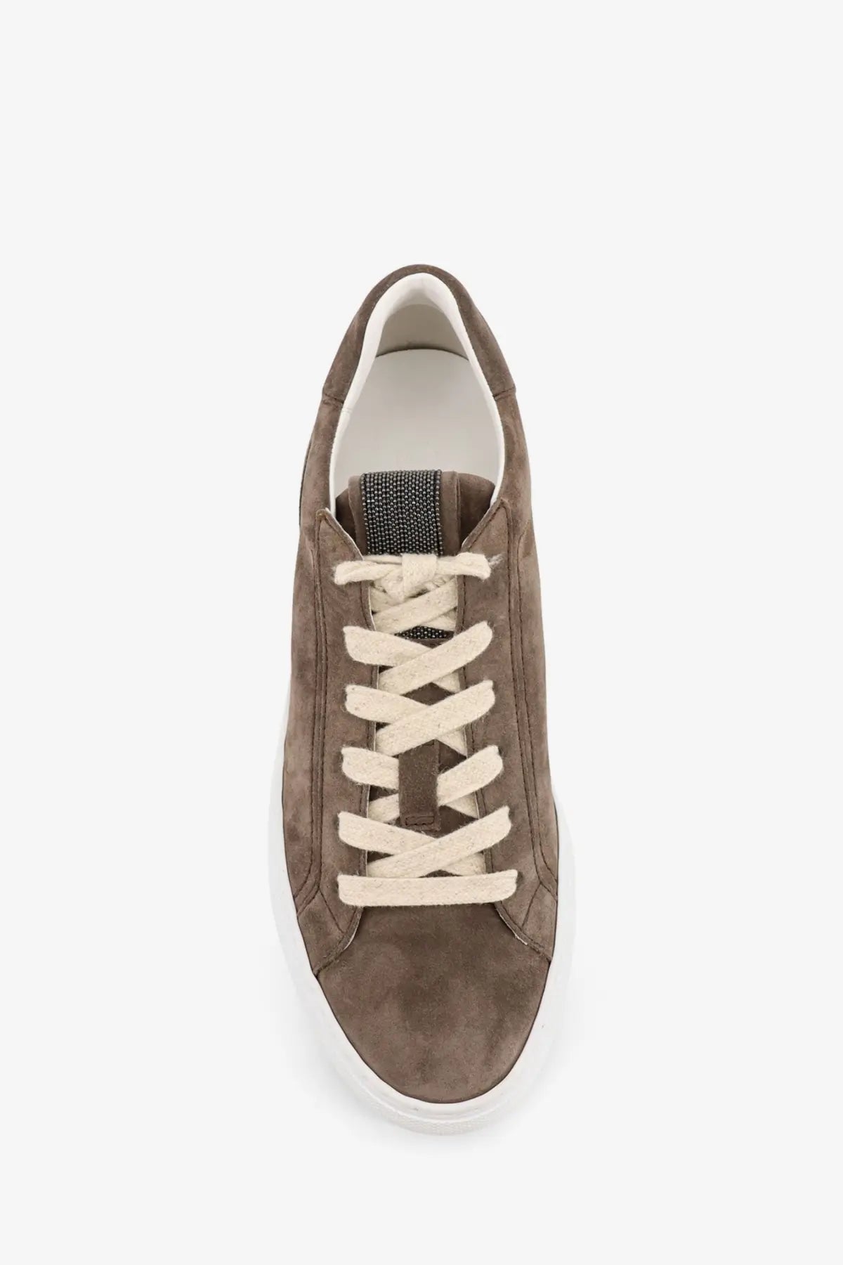 Brunello Cucinelli women’s beige low-top suede sneakers with cream laces and white rubber sole
