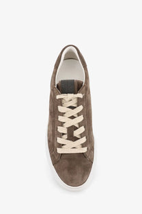 Brunello Cucinelli women’s beige low-top suede sneakers with cream laces and white rubber sole