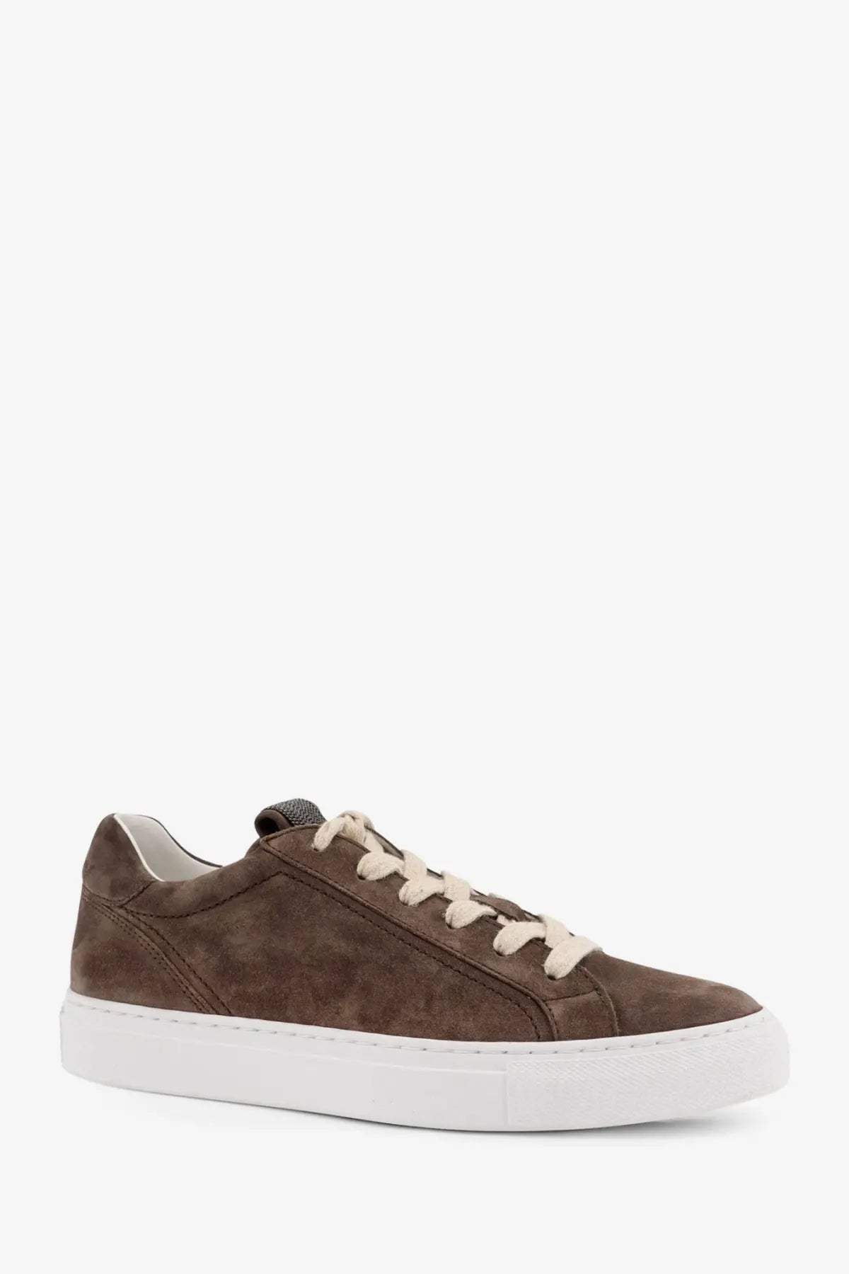 Brunello Cucinelli women’s beige suede low-top sneakers with cream laces and white rubber sole