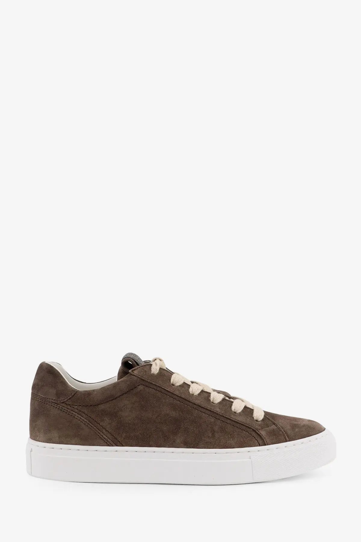 Brunello Cucinelli women’s beige suede low-top sneaker with cream laces and white rubber sole in front view