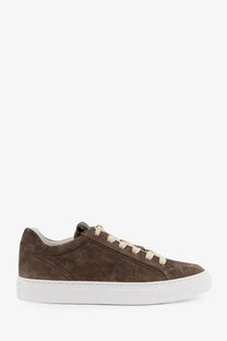 Brunello Cucinelli women’s beige suede low-top sneaker with cream laces and white rubber sole in front view