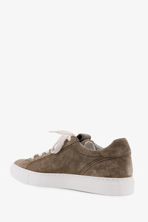 Brunello Cucinelli women’s suede sneakers in olive green with white laces and chunky white rubber sole
