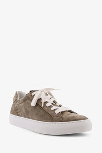Brunello Cucinelli women’s suede sneaker in taupe with white laces and a clean white rubber sole