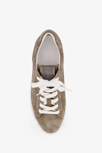 Brunello Cucinelli women’s taupe suede low-top sneakers with white laces and silver mesh tongue detail