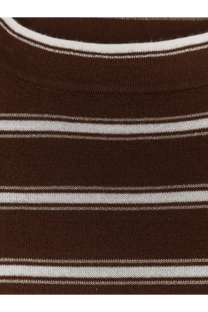 Brunello Cucinelli women’s brown and white striped knit t-shirt with ribbed crew neck made of virgin wool and cashmere blend