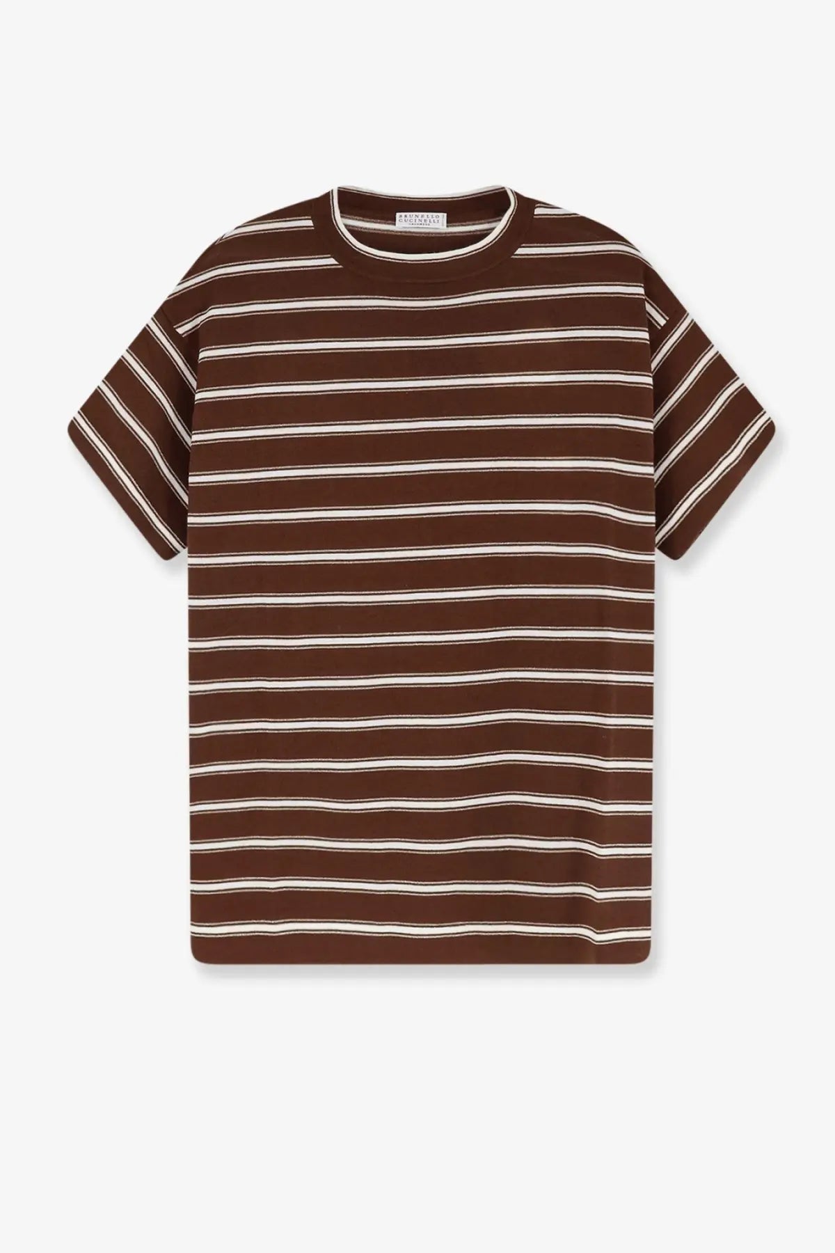 Brunello cucinelli women’s cotton t-shirt brown with cream horizontal stripes and classic crew neck design