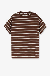 Brunello cucinelli women’s cotton t-shirt brown with cream horizontal stripes and classic crew neck design