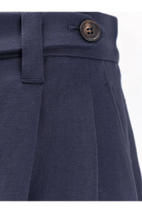 Brunello Cucinelli women’s navy blue textured weave viscose and linen bermuda shorts with dark brown waistband button