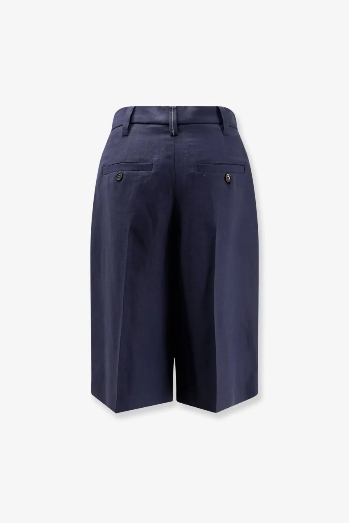 Back view of brunello cucinelli women’s navy blue viscose and linen tailored high-waisted bermuda shorts with buttoned pockets