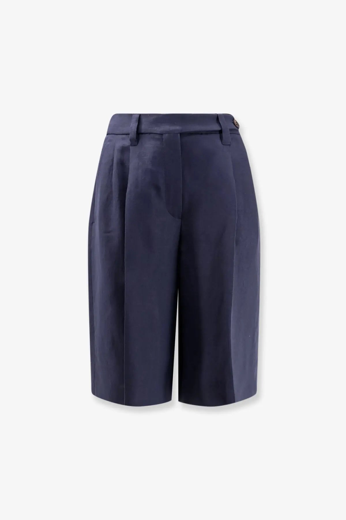 Brunello cucinelli women’s navy blue viscose and linen tailored pleated bermuda shorts with side seam detailing