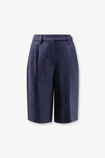 Brunello cucinelli women’s navy blue viscose and linen tailored pleated bermuda shorts with side seam detailing