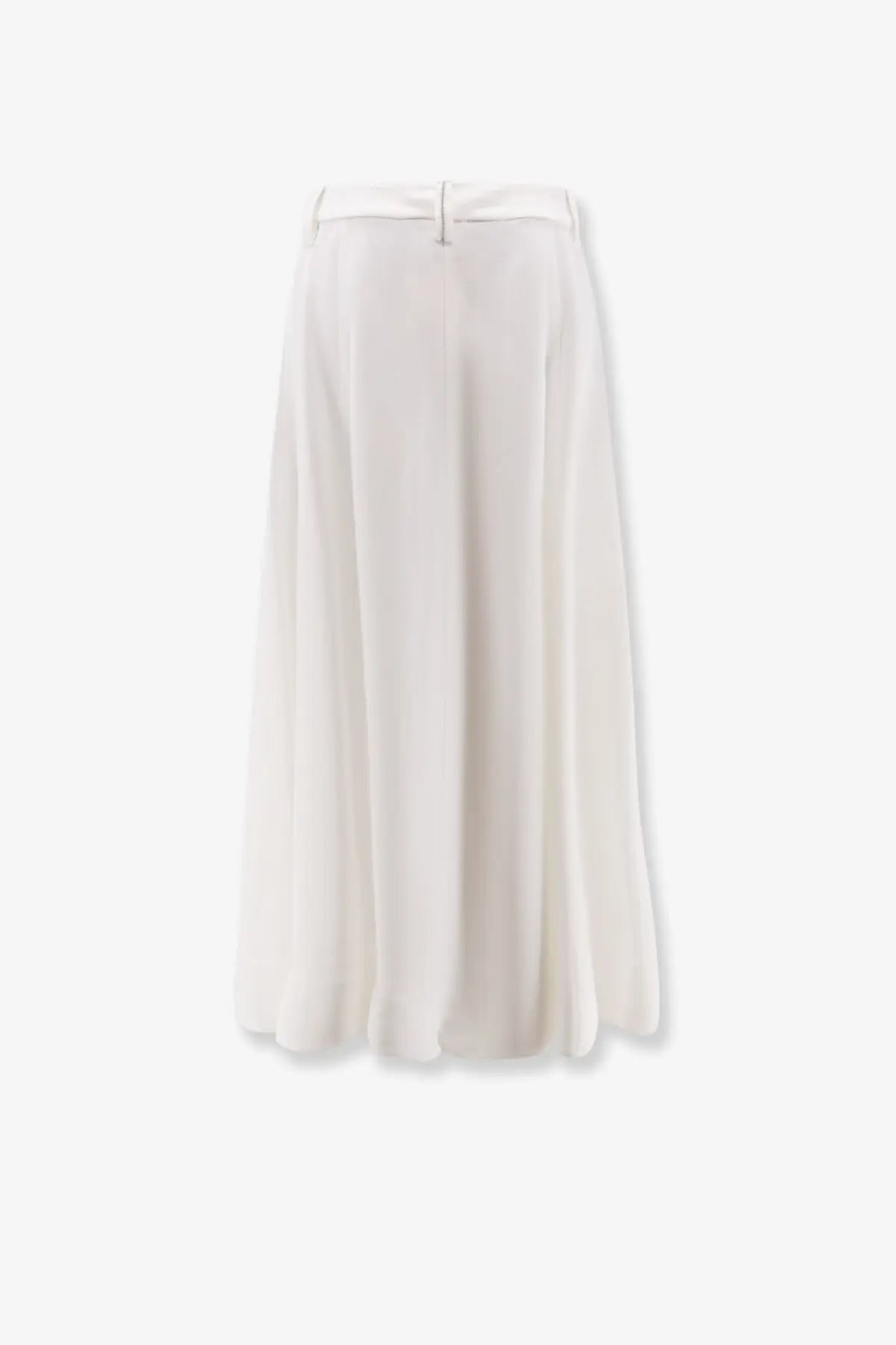 Brunello Cucinelli women’s white viscose and linen midi skirt with sleek pleats and matching waist belt