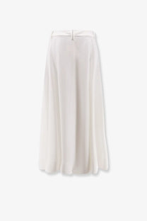 Brunello Cucinelli women’s white viscose and linen midi skirt with sleek pleats and matching waist belt