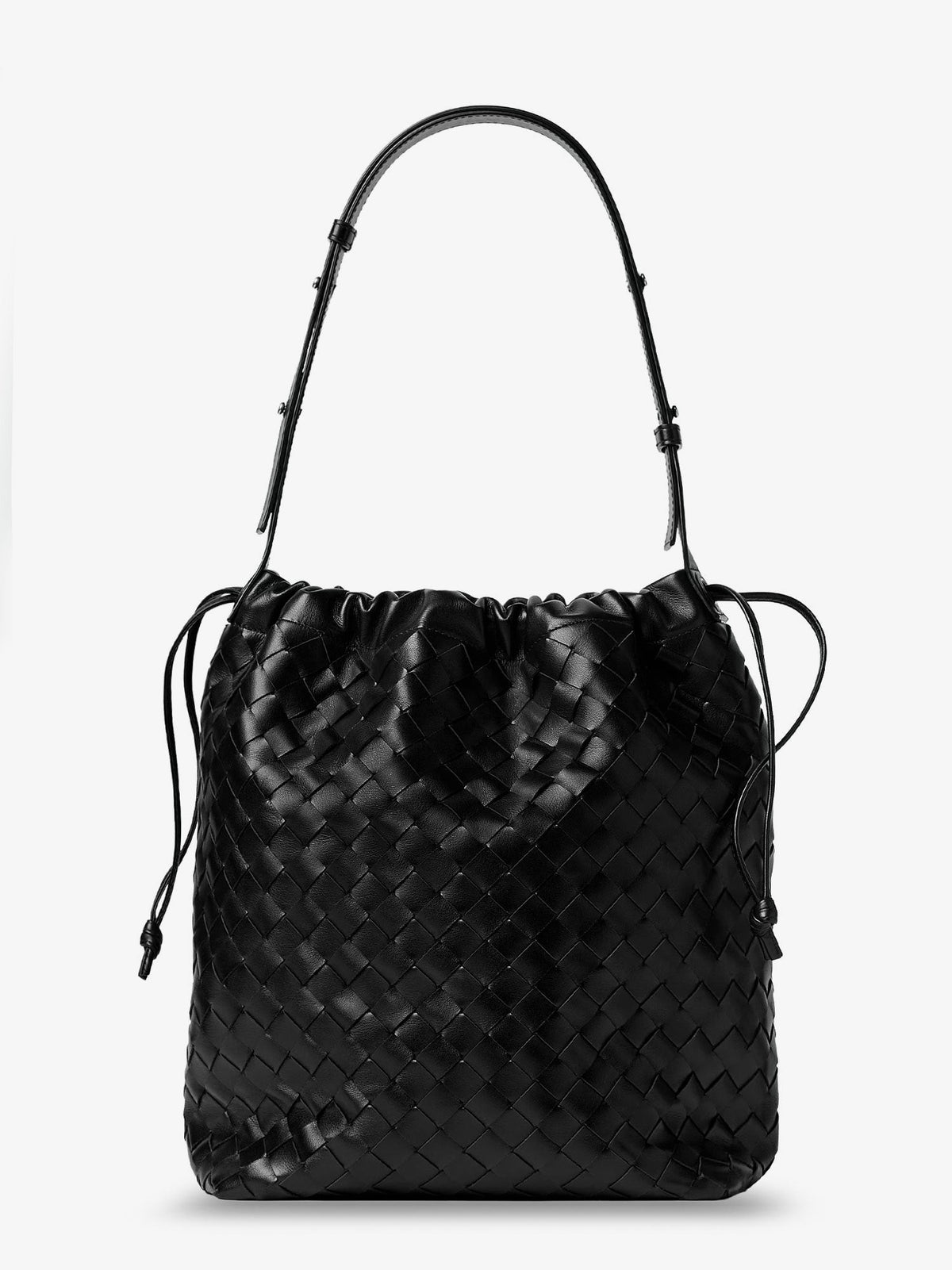 Bottega Veneta Men's Bucket Intrecciato Biblioteca Leather Shoulder Bag Black