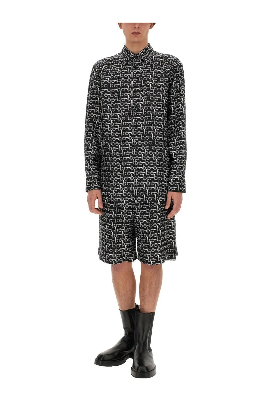 Black and white patterned long-sleeved shirt dress with repeating geometric design in burberry mens all over print bermuda shorts black